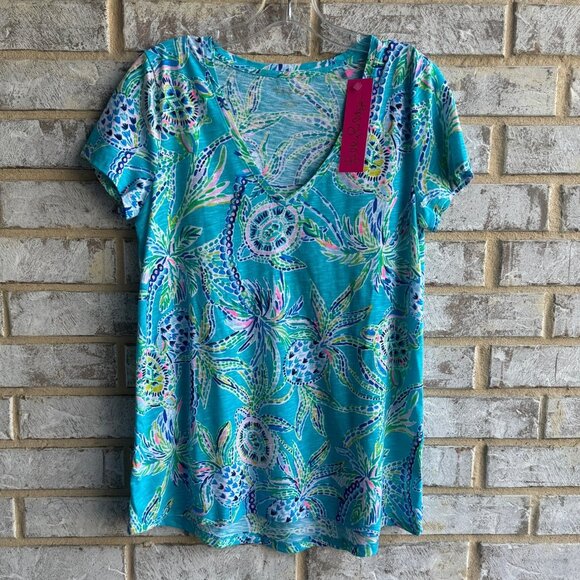 Lilly Pulitzer Short Sleeve V-Neck Tropical Turtles 100% Cotton T-Shirt Size S - Picture 1 of 7